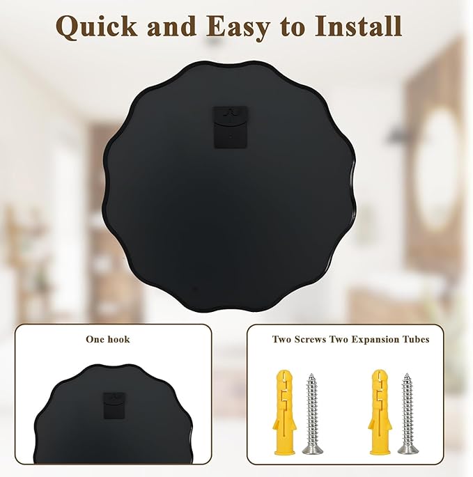 VooBang Black Scalloped Large Circle Mirror, 42" Wavy Edge Round Wall Mirror with Tempered Glass Textured Circular Metal Deep Frame, Hanging Leaning for Bathroom, Hallway, Entryway, Livng Room