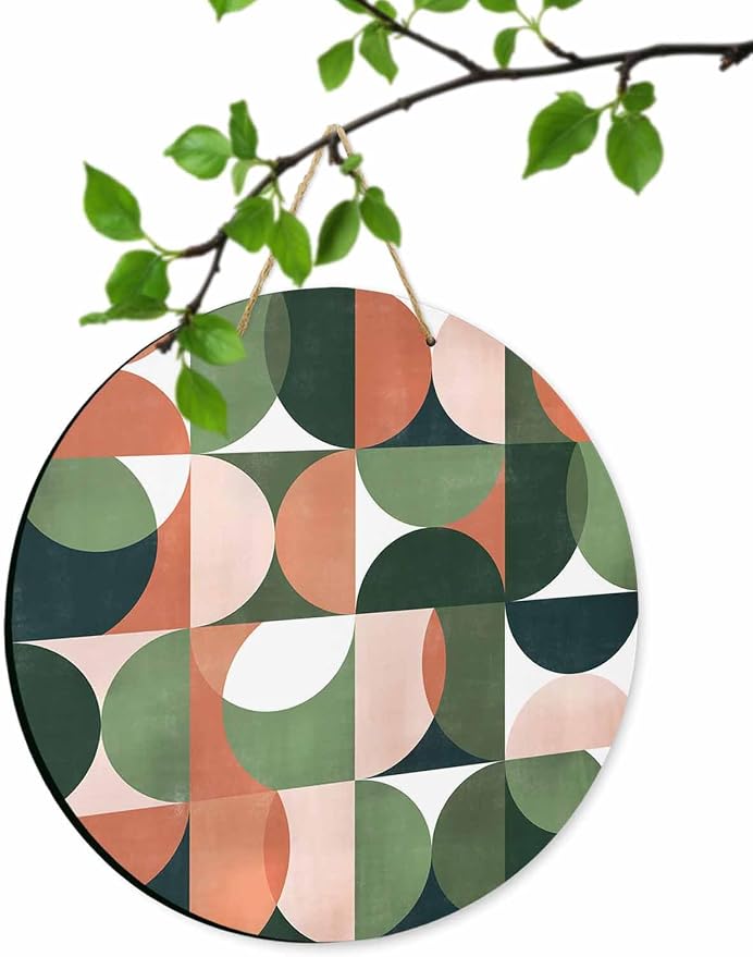 Welcome Sign for Front Door Mid Century Geometric Wood Door Hanger for Outdoor Outside Porch,10 Inch Round Wooden Wreath Indoor Wall Hanging Decoration, Abstract Modern Green Orange