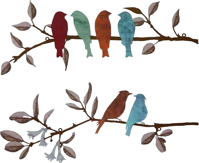 Demissle 2 Pcs Metal Birds Wall Art Decor Vivid Birds on Branch with Leaves Rustic Wall Decor Waterproof Metal Sculpture Hanging Sign for Home Balcony Garden Indoor Outdoor(Colorful)