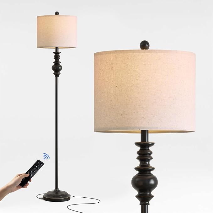 BOBOMOMO 64.25" Farmhouse Floor Lamp with Remote, Dimmable Black Floor Lamp with Adjustable Color Temperatures, Tall Standing Lamps for Living Room Corner, Bedroom & Office, 9W Bulb Included