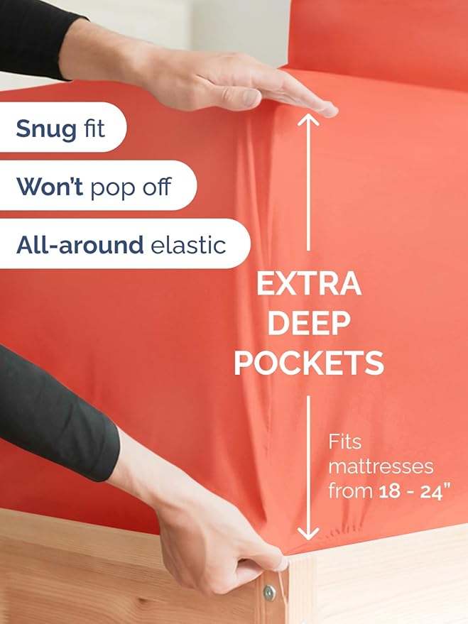 Extra Deep Full Sheet Set - 6 Piece Breathable and Cooling Sheets - Hotel Luxury Bedding for Women, Men, Kids & Teens - Easy & Secure Fit - Soft, Wrinkle Free and Comfy - Extra Deep Pockets - Coral