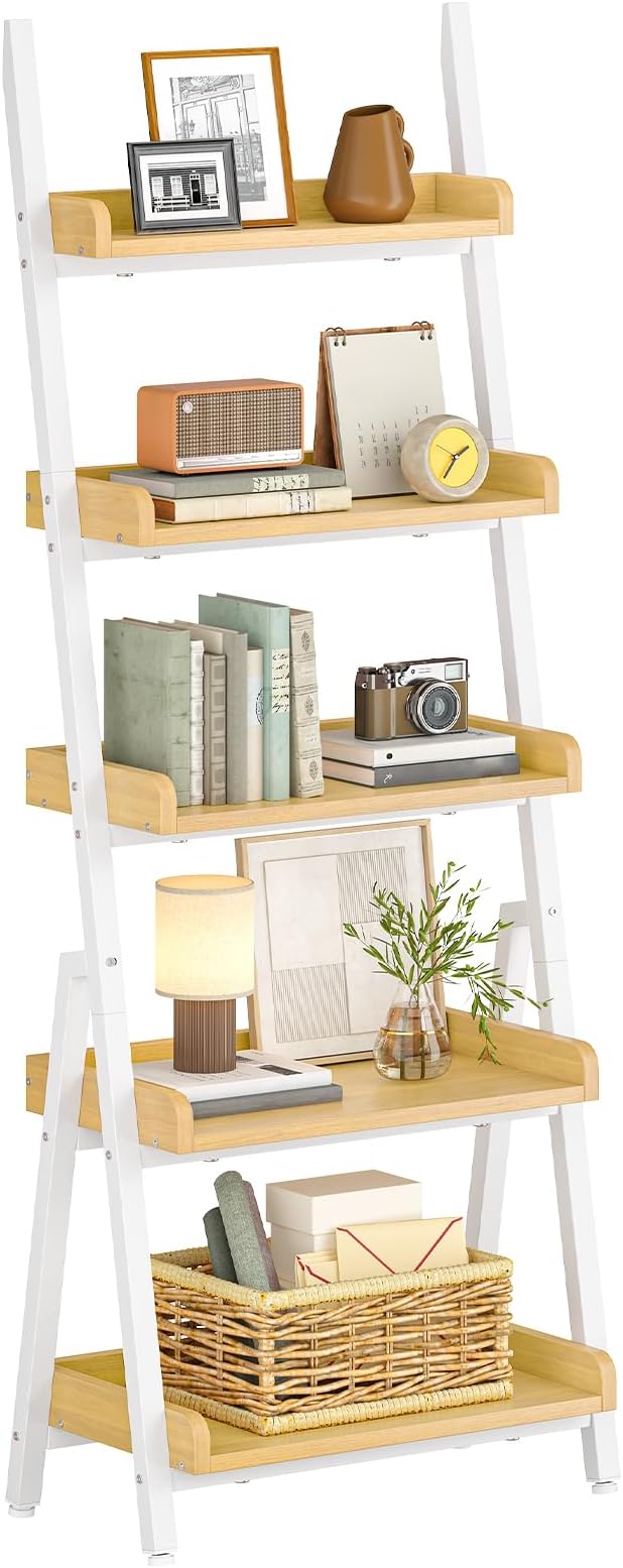 HOOBRO Small Bookcase, Ladder Shelf, 5-Tier Wall-Leaning Shelf, Freestanding Storage Rack, Display Stand, for Living Room, Home Office, Balcony, Bedroom, White and Natural WN151CJ01
