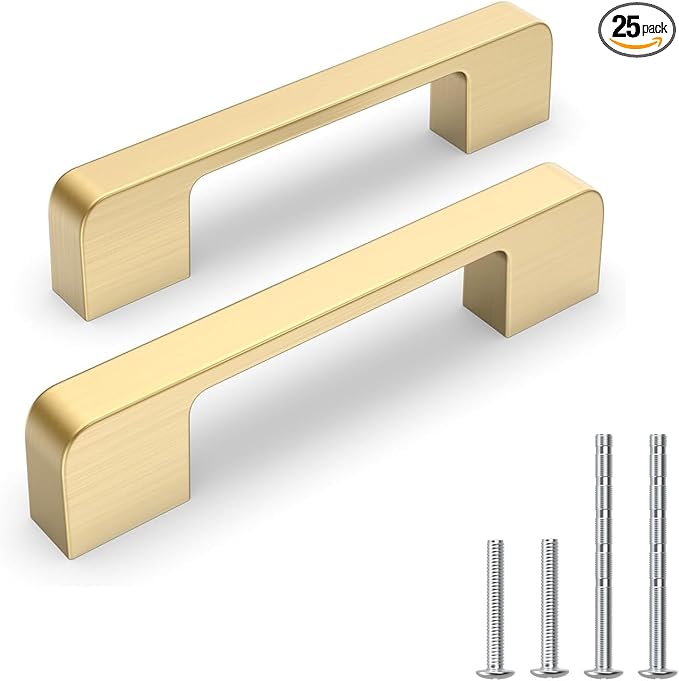 25 Pack 4 Inch Brushed Gold Cabinet Pulls Solid Zinc Alloy Gold Cabinet Handles - Brushed Brass Dresser Drawer Pulls for Kitchen Cabinet Hardware Zinc Alloy Handles