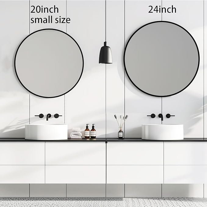 Round Wall Mirror, 20 inch Black Circle Mirror, Black Metal Frame Round Mirrors, Circle Wall Mounted Mirrors for Bathroom, Living Room, Bedroom, Entryway, Vanity