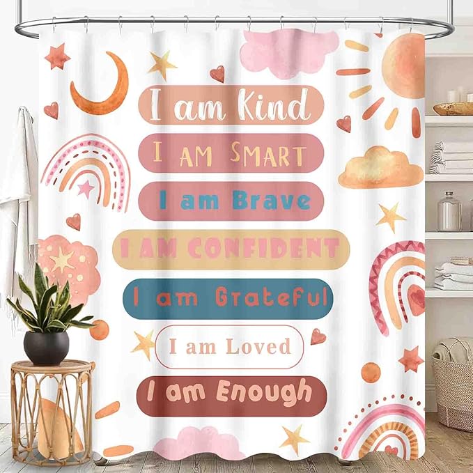 Rainbow Shower Curtain, Pink Boho Cute Inspirational Motivational Quotes Rainbow Colorful Pastel Waterproof Fabric Bathroom Shower Curtain for Baby Kids Girls Set with Hooks, 72"x78" Inch