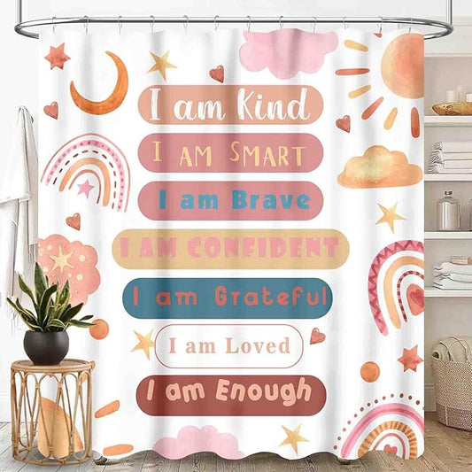 Rainbow Shower Curtain, Pink Boho Cute Inspirational Motivational Quotes Rainbow Colorful Pastel Waterproof Fabric Bathroom Shower Curtain for Baby Kids Girls Set with Hooks, 72"x84" Inch