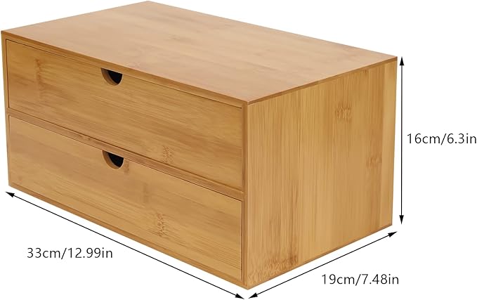 Bamboo Desk Organizer Small Retro Bamboo Tabletop Storage Box with Drawers& Recess Handles for Office Home Supplies Table Storage Collector 13 * 7.5 * 6in (2 Drawers)
