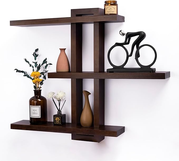 Variable Floating Shelves Wood Set of 4, Bathroom Shelves 28.35" Max, Rustic Wall Shelves for Living Room Bedroom Farmhouse - Burnt Walnut Color - 28.35" x 23" x 4.3" Max