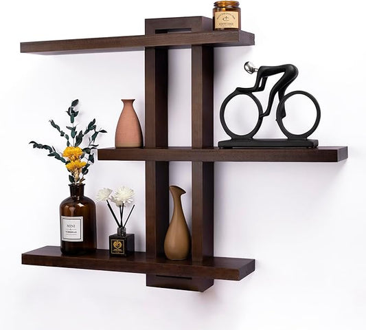 Variable Floating Shelves Wood Set of 4, Bathroom Shelves 28.35" Max, Rustic Wall Shelves for Living Room Bedroom Farmhouse - Burnt Walnut Color - 28.35" x 23" x 4.3" Max