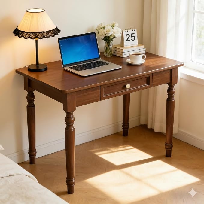 Solid Wood Desk with Drawers,Small Computer Desk for Small Spaces,Gaming Study Home Office Desks for Work,Student PC Desk for Bedroom,Escritorios para Cuartos (Walnut, 31.5'' x 23.6'' x 29.5'')