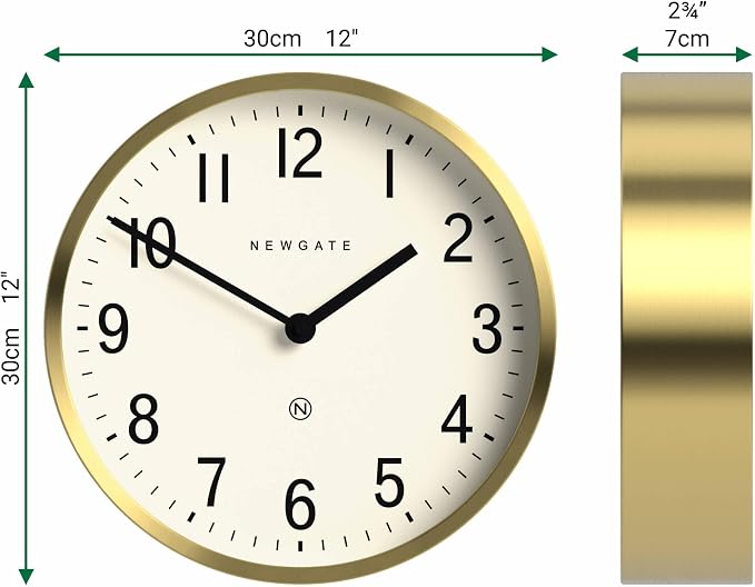 NEWGATE® Master Edwards wall Clock | Mid-Century Style Clock | 12 inch | Deep Metal case with Brass/Gold Finish | Modern Retro Design for Kitchen, Living Room or Office