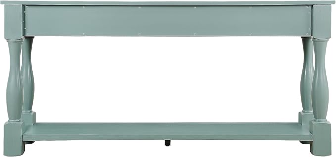 Merax Retro Console Table with 4 Drawers for Entryway, Sofa Table with Open Storage Shelf, Wood Side Table with Thick Legs for Living Room Bedroom, Retro Blue