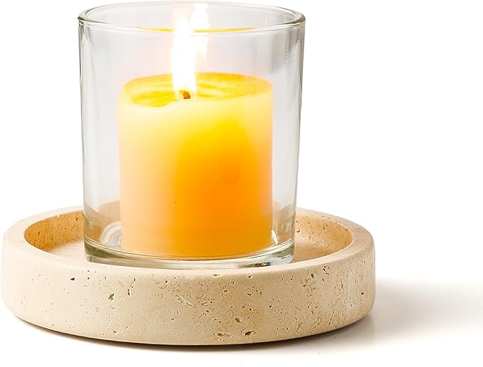 WORHE Candle Holders Italy Premium Natural Marble Candlestick Holder for Jar Pillar Candles Large Round Coaster Plate Jewelry Tray Centerpiece for Wedding Dining Table Home Decor Beige (WH063)