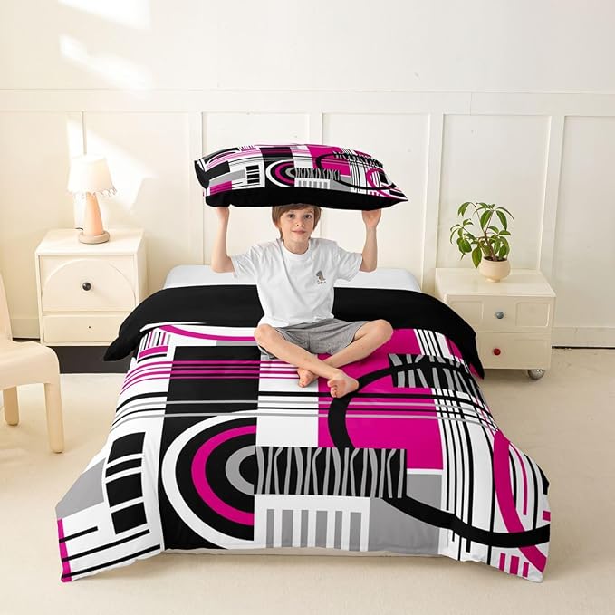 Art Deco Mid Century Duvet Cover Set Retro Modern Abstract Geometric Girl Toddler Bedding Set for Preteen Boys Girls Black and White Hot Pink Circles Stripes Comforter Cover Contemporary Bed Sets