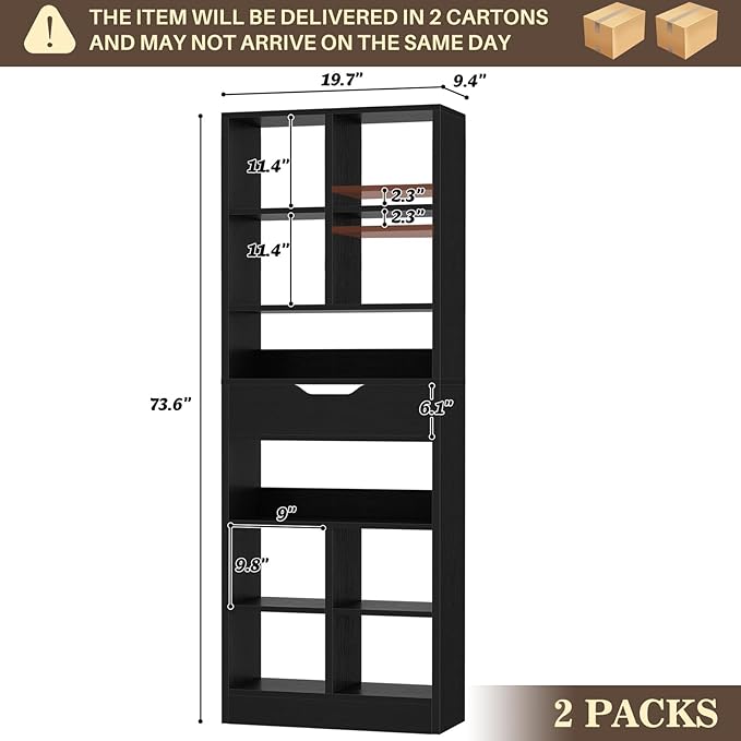 Armocity 16-Tier Tall Bookshelf Set of 2, 73.6" Narrow Freestanding Bookcase with 2 Drawers, Space-Saving Wood Display Shelves Storage for Living Room, Home Office Bedroom, Black
