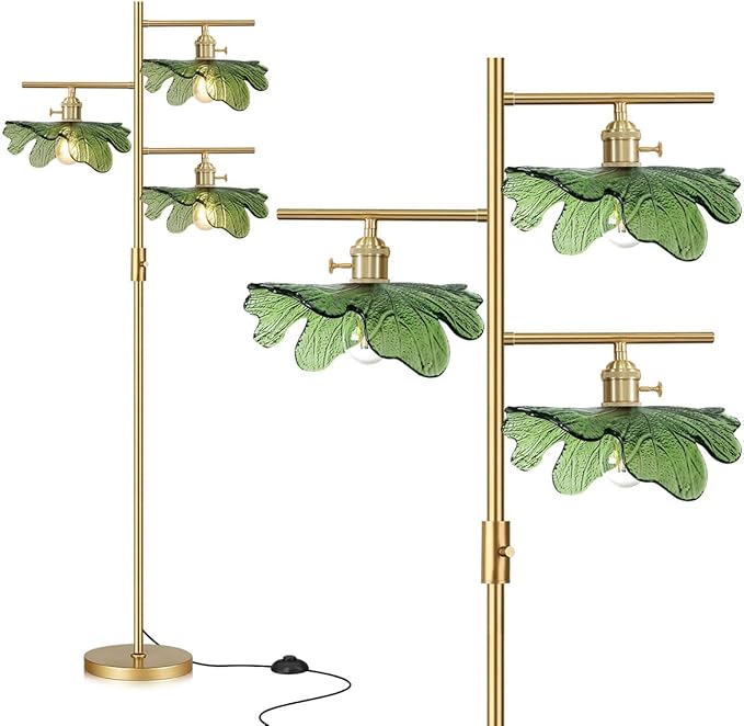 Gold Floor Lamp for Living Room, Mid Century Modern Dimmable Standing Lamp with Green Glass Shade, 3-Light Brass Tree Lamp Vintage Tall Lamp for Bedroom Office Study Corner