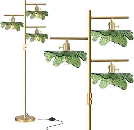 Gold Floor Lamp for Living Room, Mid Century Modern Dimmable Standing Lamp with Green Glass Shade, 3-Light Brass Tree Lamp Vintage Tall Lamp for Bedroom Office Study Corner