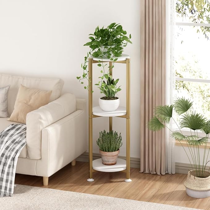 Plant Stand Indoor Outdoor 2 Tier Tall Metal Corner Storage Tiered Plant Shelf Holder Multiple for Living Room Balcony Garden,Black (3 Tier-Gold Round)