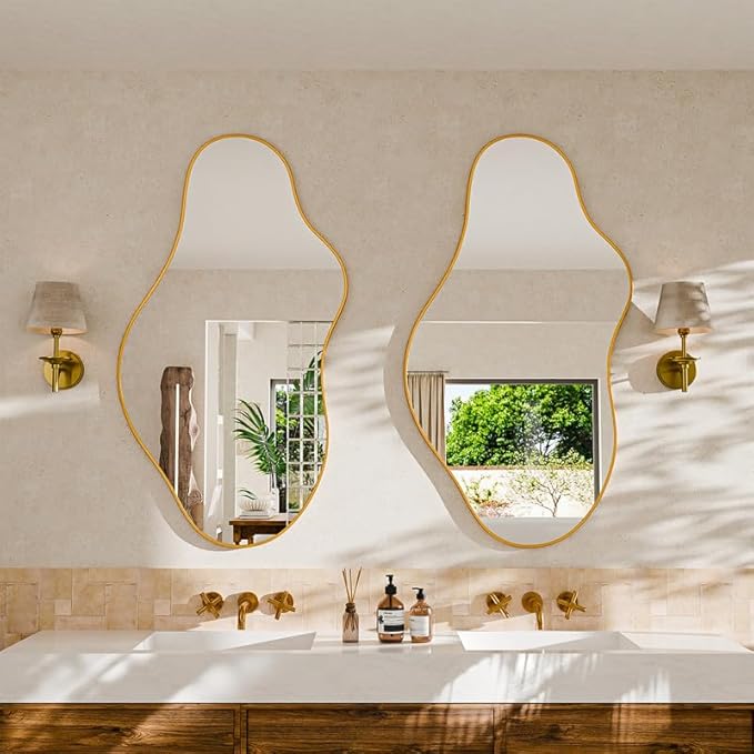 Irregular Wall Mirror 20×36 Inch Wall Mirrors Decorative Gold Modern Asymmetrical Abstract Mirror for Bathroom Bedroom Living Room Entryway Hallway