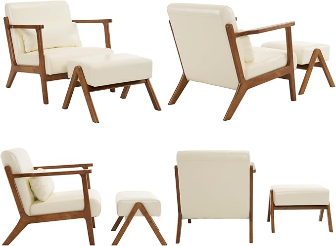 Modern Accent Chair and Ottoman Set, Mid-Century Faux Leather Upholstered Lounge Armchair with Solid Wood Frame & Comfortable Cushion for Living Room, Bedroom, Balcony, Beige