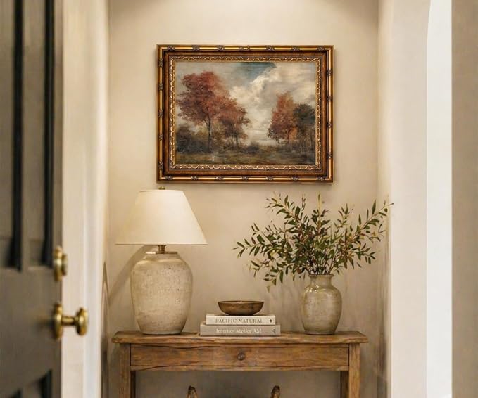 Vintage Gold Framed Autumn Landscape Wall Art - Rustic Moody Fall Trees Countryside Painting, Antique Gold Frame Fall Scenery Canvas Print Picture Wall Decor 12x16 Inch