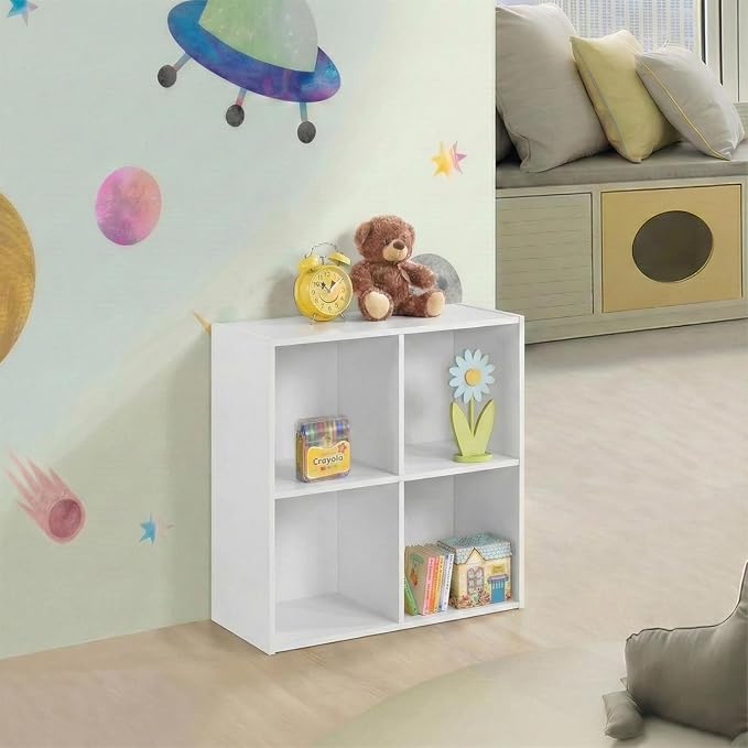 Kings Brand Furniture George 4-Cube Storage Organizer, 2-Tier Bookcase with Wood Shelves for Living Room, Bedroom, Nursery, or Home Office (White, 2-Pack)