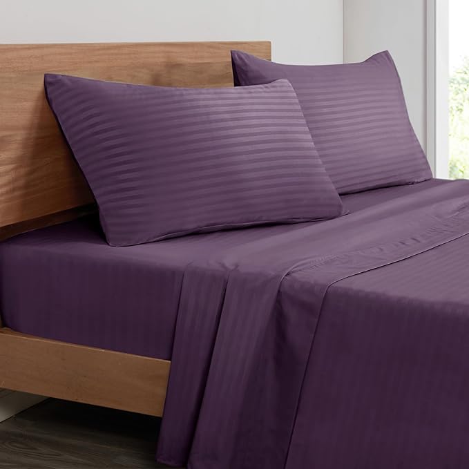 Mejoroom Striped King Size Bed Sheet Set - Hotel Luxury 1800 Bedding Sheets & Pillowcases - 15" Deep Pocket Fitted Sheet, Soft, Breathable, Wrinkle & Fade Resistant - 4 Piece(Purple)