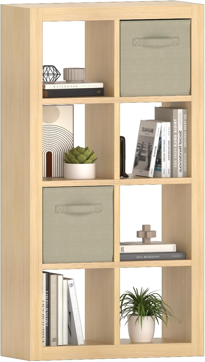 furtble Bookshelf with Storage Bins, 8-Cube Storage Organizer, Modern Wood Open Bookcase, Multifunctional Display Shelf for Living Room, Bedroom, Home Office, Oak