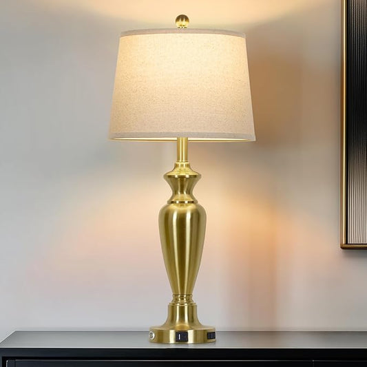 30" Tall Gold Table Lamp for Living Room, 3-Way Dimmable Touch Control Bedside Lamp for Bedroom Nightstand with USB A+C Ports & AC Outlet (1 Pack)