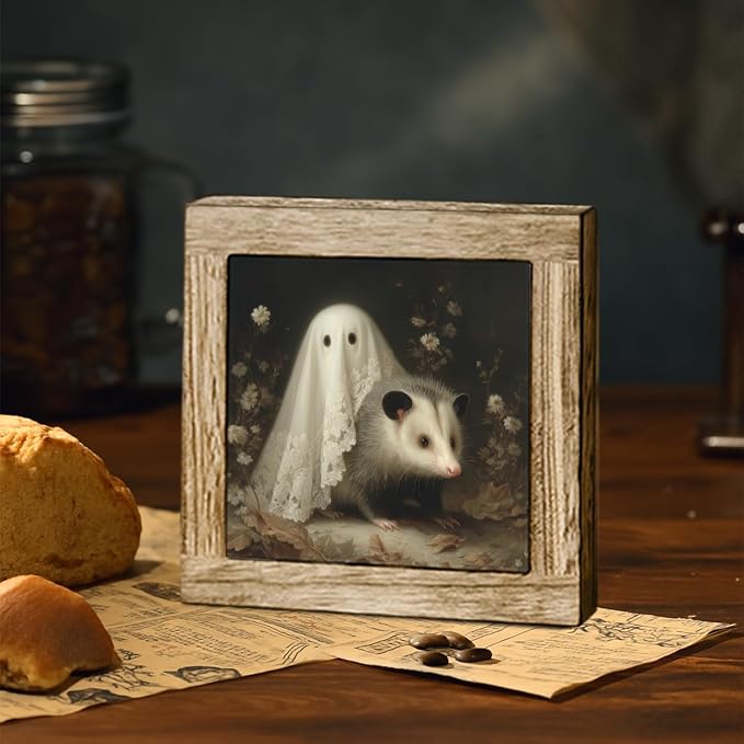Cute Ghost and Opossum Wooden Block Sign - Charming Halloween Decor, Rustic Wooden Plaque for Home, Office, Fall, Gift for Halloween Fans