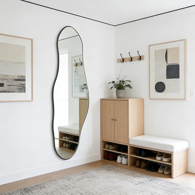 Irregular Mirror Full Length, 63"x22.5" Large Asymmetrical Wall Mirror, Black Metal Frame Abstract Decorative Mirrors for Living Room Bathroom Bedroom Hallway Entryway Fireplace