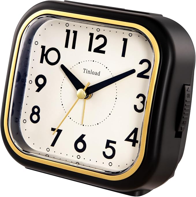 Tinload 4.3" Vintage Retro Analog Alarm Clock, Super Silent Non Ticking Clock with Manual Light, Snooze, Battery Operated, Simply Design, for Living Room, Bedroom, Bedside, Desk(Black-V2)