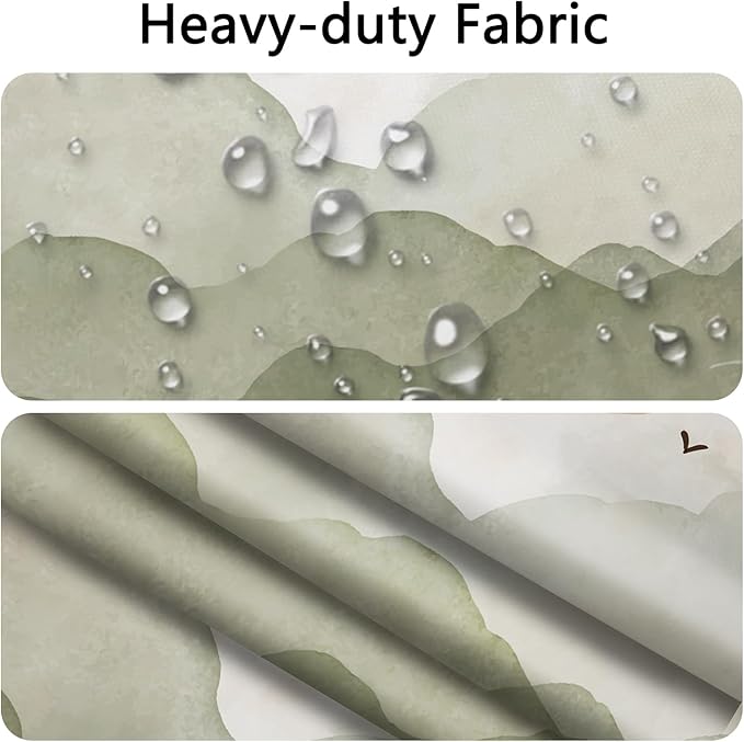 No Hook Boho Shower Curtain with Snap in Fabric Liner, Green Hills with Sunset and Birds, Zen Mid-Century Waterproof Bath Curtain Decor with Mesh Top Window 71x74 Inch