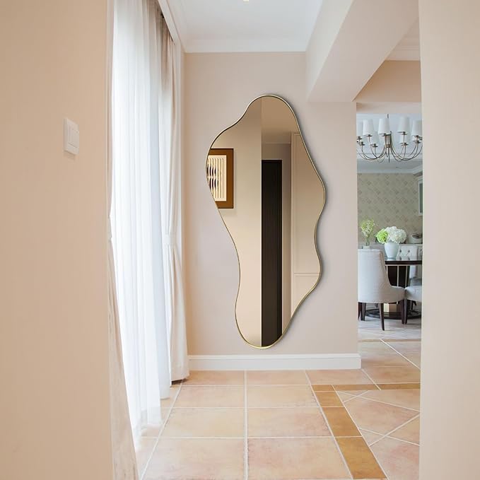 Large Irregular Mirror, 63"x30" Asymmetrical Full Length Mirrors for Dressing, Unique Shaped Mirror Decorative, Gold Abstract Wall Mirrors for Living Room Bathroom Bedroom Hallway Entryway