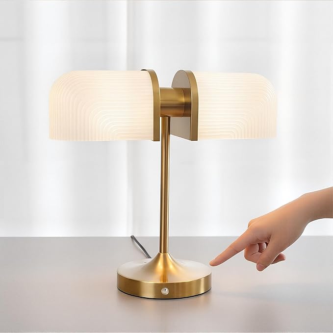 Vintage Milk Glass Bankers Desk Lamp - Dimmable Touch Control Bedside Lamp with USB A+C Charging Ports, for Bedroom Nightstand & Living Room, Bulb Included (White)