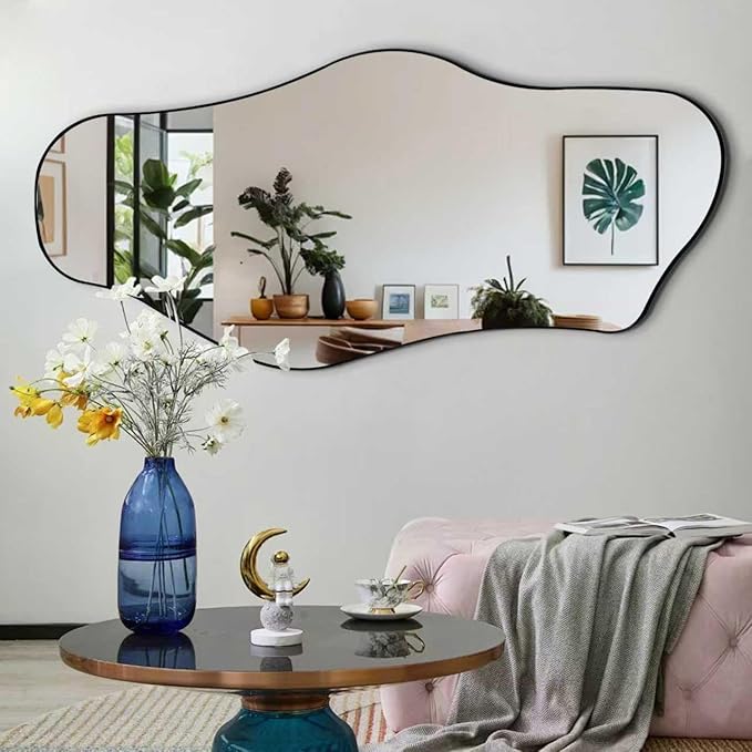 Large Irregular Mirror, 55"x25.6" Asymmetrical Wall Mirror with Metal Frame, Modern Abstract Full Body Mirrors for Living Room Bathroom Bedroom Hallway Entryway Fireplace, Cloud Shaped