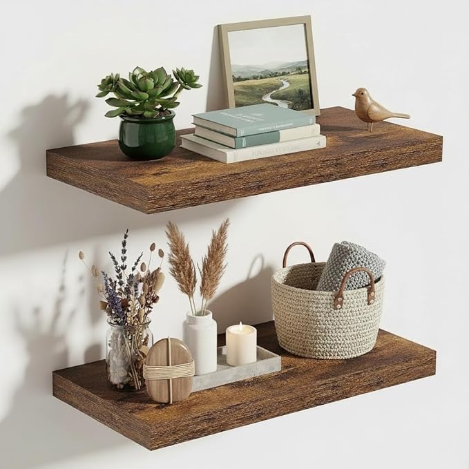 Vivelove 10 Inch Deep Floating Shelves 16 inch Long, 16 x 10 Wide Wall Shelves with Invisible Brackets, for Bedroom Bathroom Living Room Kitchen Office, Farmhouse Home Decor, Set of 2, Rustic Brown