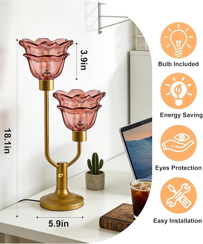Lightdot Mid Century Modern Flower Table Lamp Dimmable Nightstand Lamp Red Glass Vintage Gold Desk Lamp 2 Bulbs Included Warmwhite Ambient Bedside Lamps for Living Room Bedroom Home Office Decor Gift