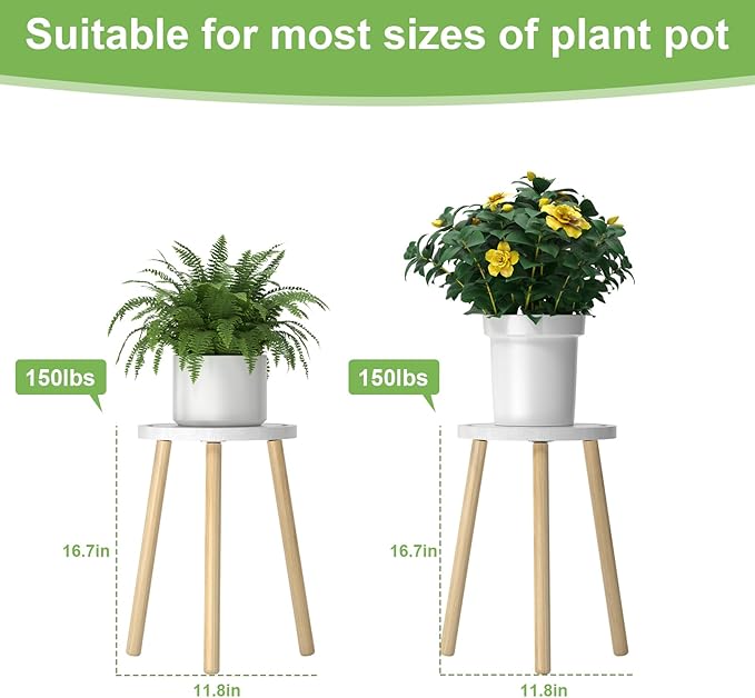 2-Pack Wood Plant Stands Indoor, 16.7" Tall Plant Stand Outdoor Mid-Century Plant Stool, Single Plant Table Modern Small Round Side/End Table for Living Room, Balcony, Office(White)