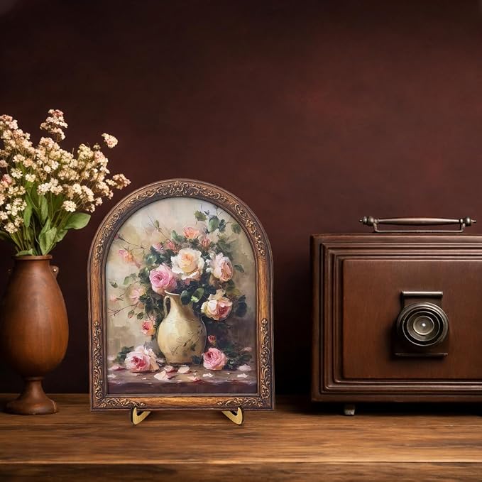 3D Vintage Rose Flower Desk Decor Sign, Country Floral in Vase Framed Wall Art Sign for Home Bedroom Living Room Desk Wall Shelf Farmhouse Aesthetic Decor 8x10 Inch