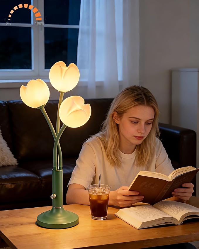 3-Light Tulip Table Lamp with LED Bulbs Included, Dimmable Cute Flower Desk Lamp, Aesthetic Green Floral Nightstand Lamp, Adjustable Gooseneck Bedside Lamp for Bedroom, Living Room, Home Office