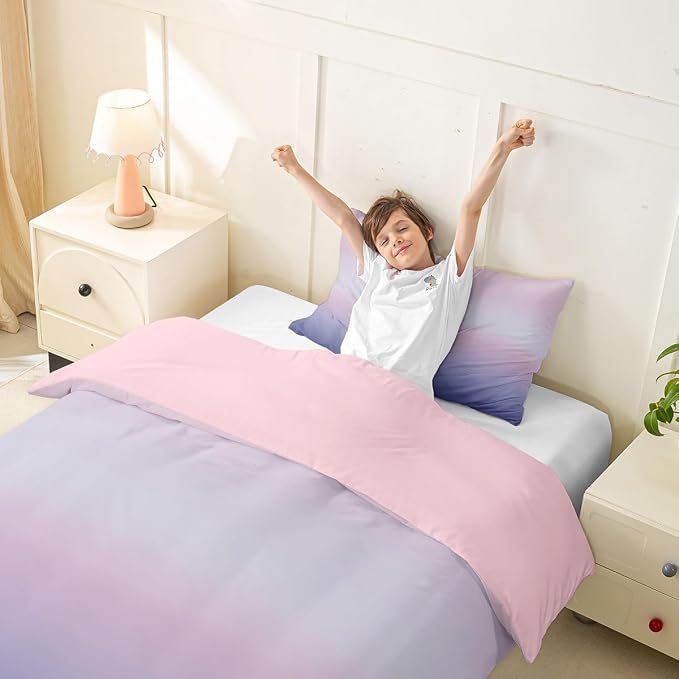Erosebridal Pink and Purple Bedding Set Twin Modern Ombre Duvet Cover for Kids Teens Abstract Rainbow Comforter Cover Watercolor Artwork Bed Set with Zipper