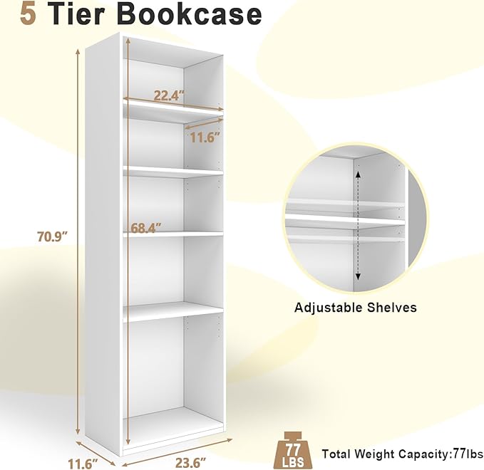 CTESNE【2026 Adjustable Shelves 5-Tier Bookcase, 71 inches, Wooden Open Display Floor Bookshelf (White)