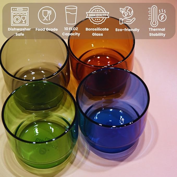 Retro Colored Double Old-Fashioned Glasses Set 10oz Stackable Drinking Glasses for Cocktails Mixology Espresso Cups Party Hosting Modern Barware Gift Dishwasher Safe