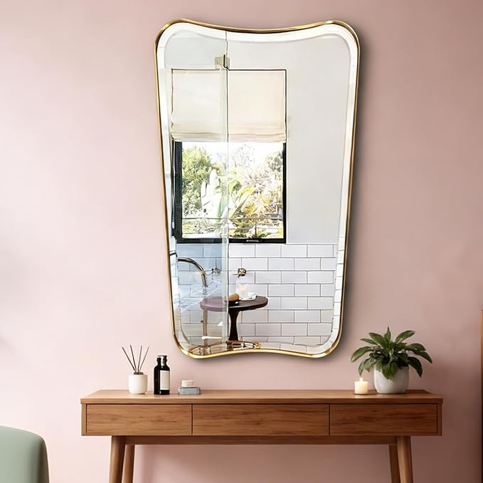 POZINO Irregular Beveled Mirrors, 24"x40" Brushed Gold Vanity Mirror for Over Sink, Brass Unique Shaped Mirrors Decorative, Rectangle Wall Mirror for Bathroom Living Room Bedroom Hallway Entryway