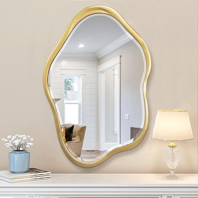 Irregular Wall Mirror, 24"X36" Gold Asymmetrical Bathroom Vanity Mirror, Framed Cloud Mirror for Washroom, Bedroom, Entryway