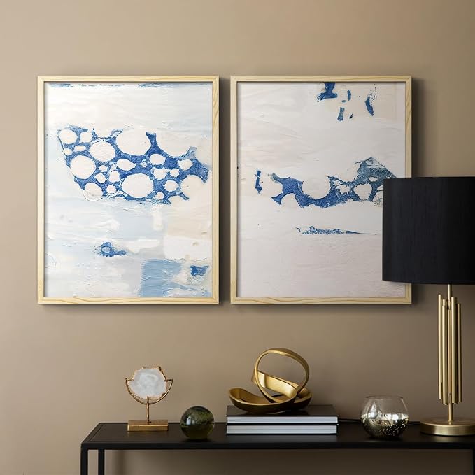 Renditions Gallery Set of 2 Peel & Stick Framed Prints, Textured Abstract Wall Art, White Blue Bubble Like Pattern Wall Decor, Re-Stickable - Ready to Hang - 16"x20" - NATURAL WOOD Frame LT588