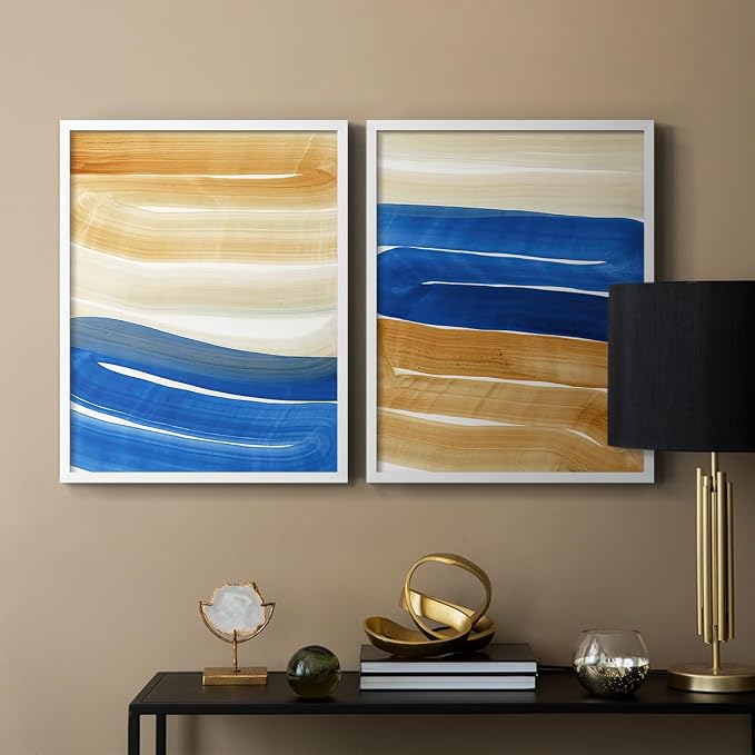 Renditions Gallery Set of 2 Peel & Stick Framed Prints, Abstract Wall Art, Blue and Gold Wave Textured Background Wall Decor, Re-Stickable - Ready to Hang - 22"x28" - White Frame LT588