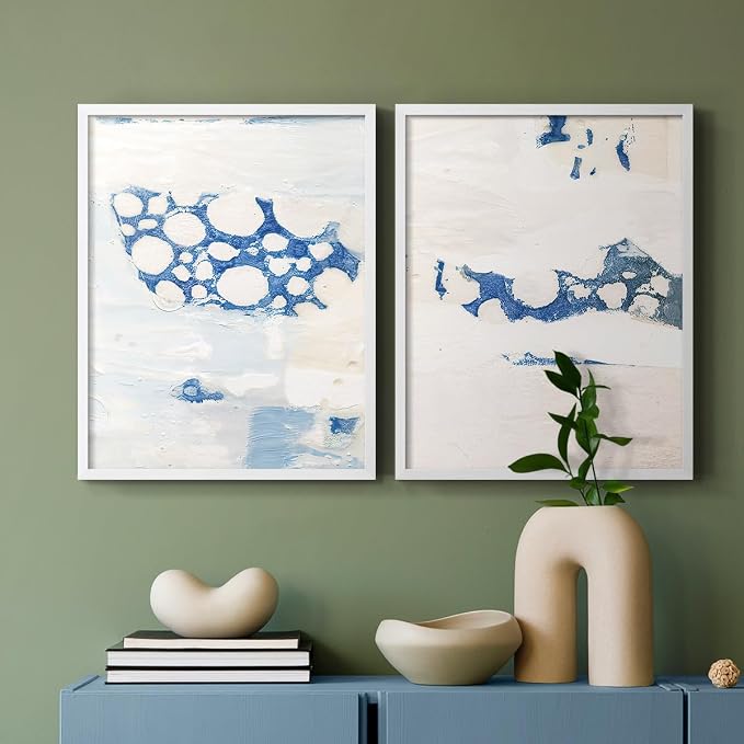 Renditions Gallery Set of 2 Peel & Stick Framed Prints, Textured Abstract Wall Art, White Blue Bubble Like Pattern Wall Decor, Re-Stickable - Ready to Hang - 22"x28" - White Frame LT588