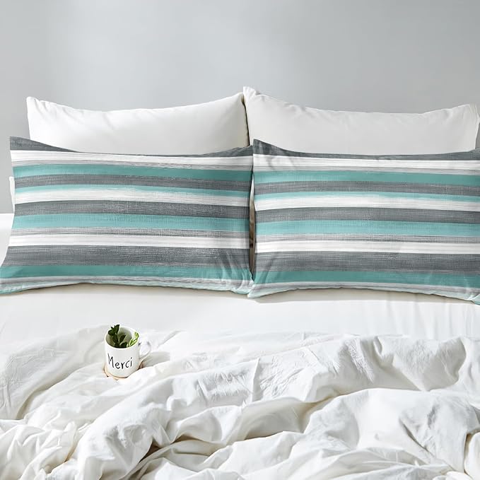 Erosebridal Grey White Teal Comforter Cover Abstract Art Bed Set, Geometric Stripe Duvet Cover Full Size Grunge Aesthetic Bedding Sets, Boho Hippie Modern Bedspread Cover 3pcs with 2 Pillow Case